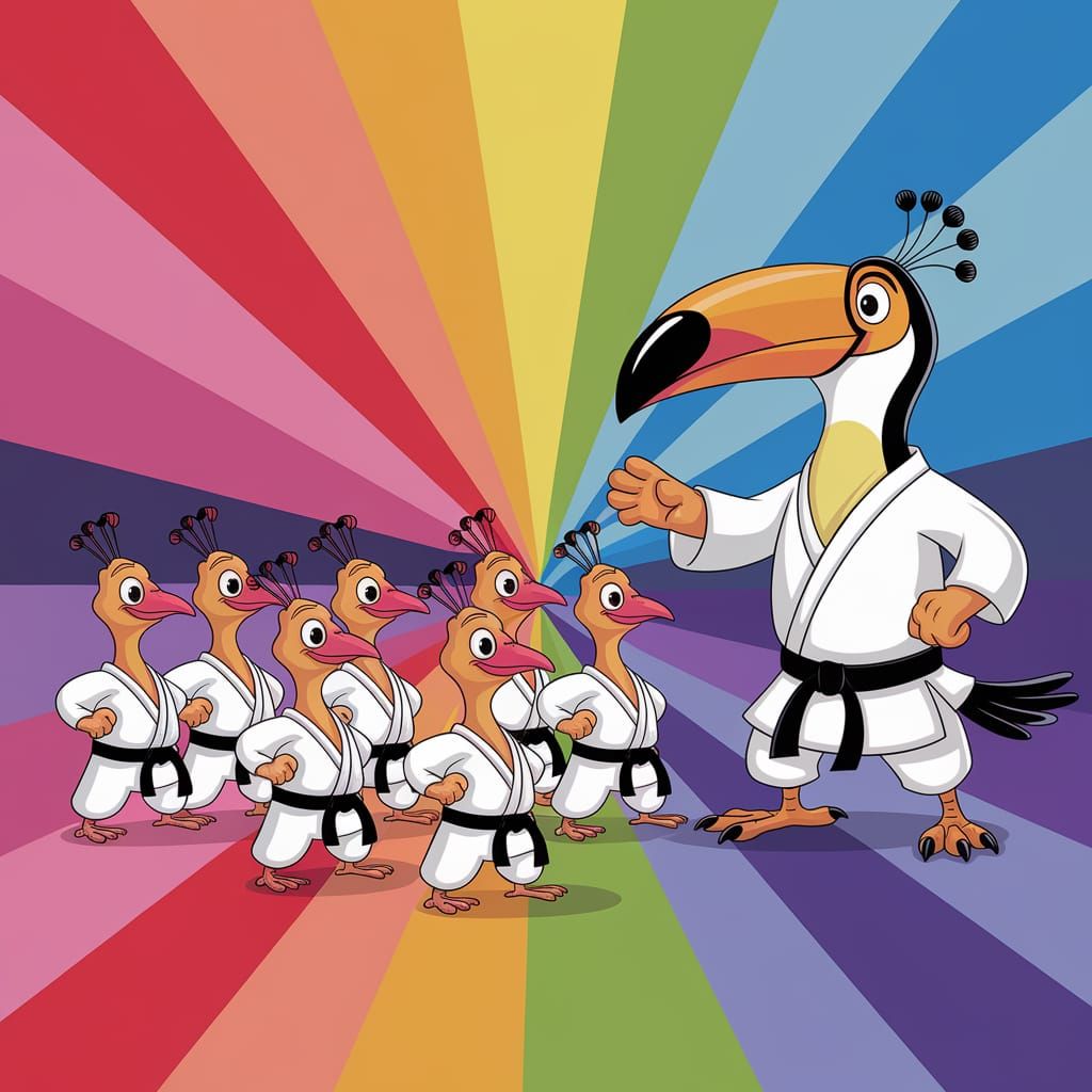 Cartoon Peacocks Practice Karate in Pixar Style