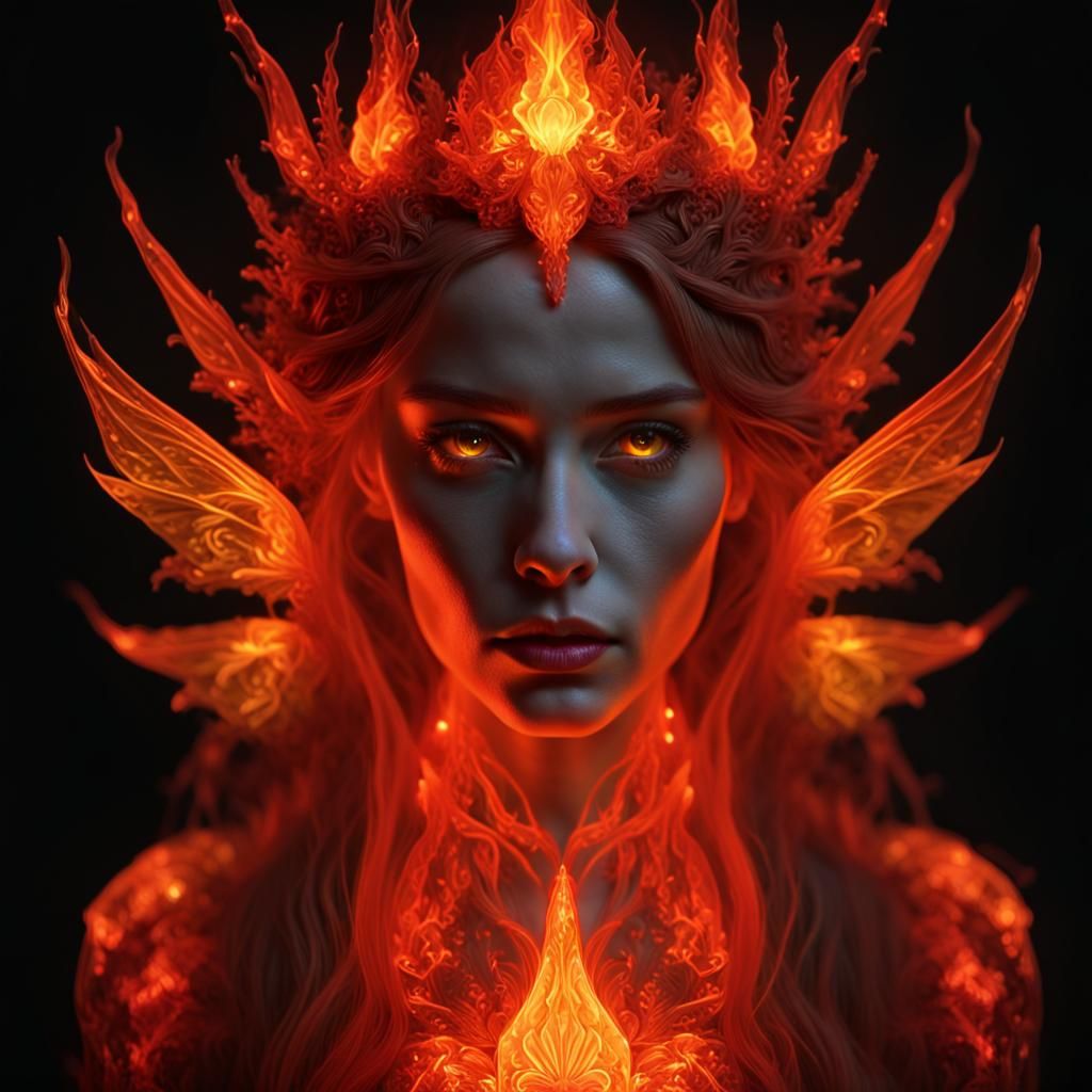 Translucent bioluminescent  Portrait of a Fairy made of red, orange, and yellow fire on a black background ...  by @POP WIZARD
