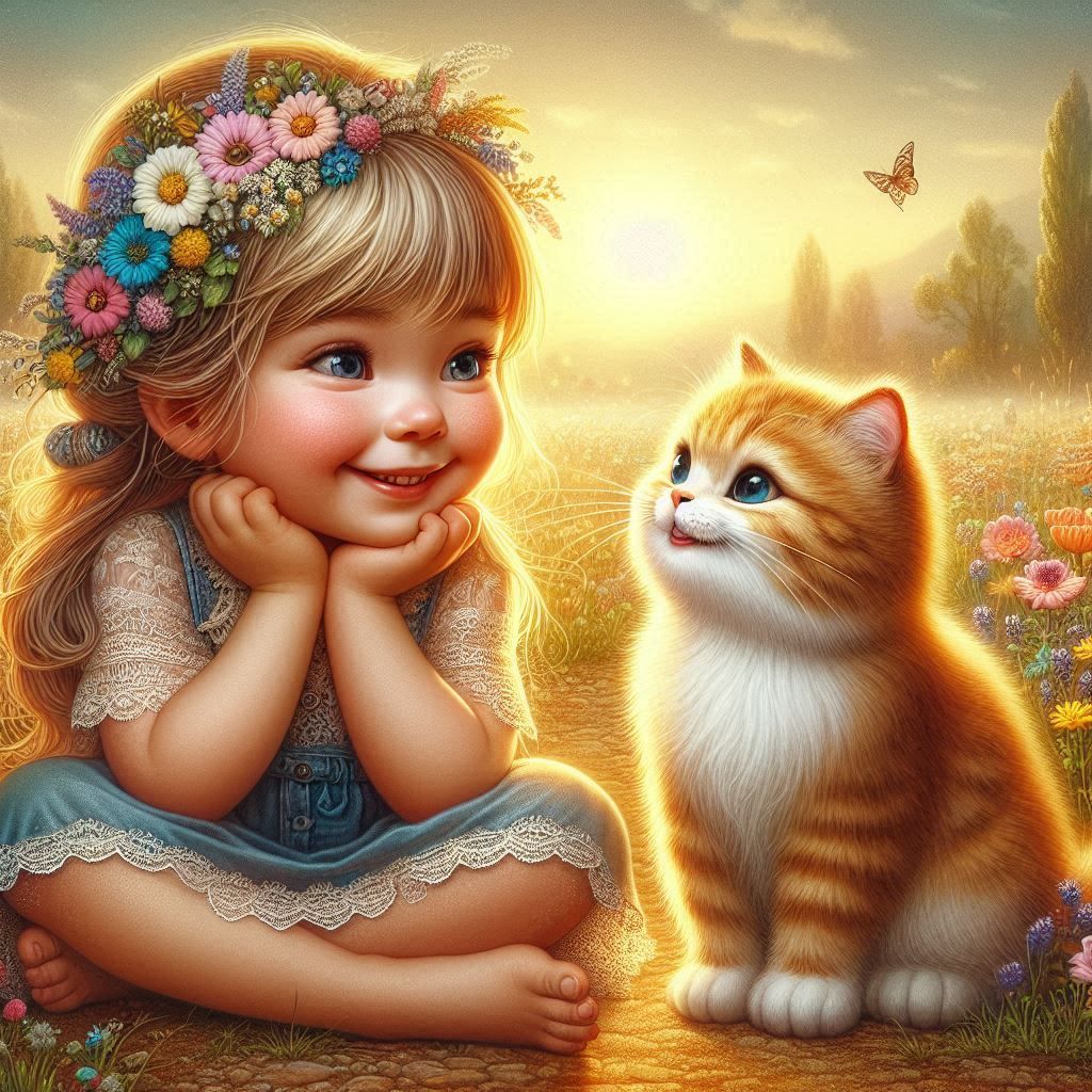 Cute smiling girl and cat