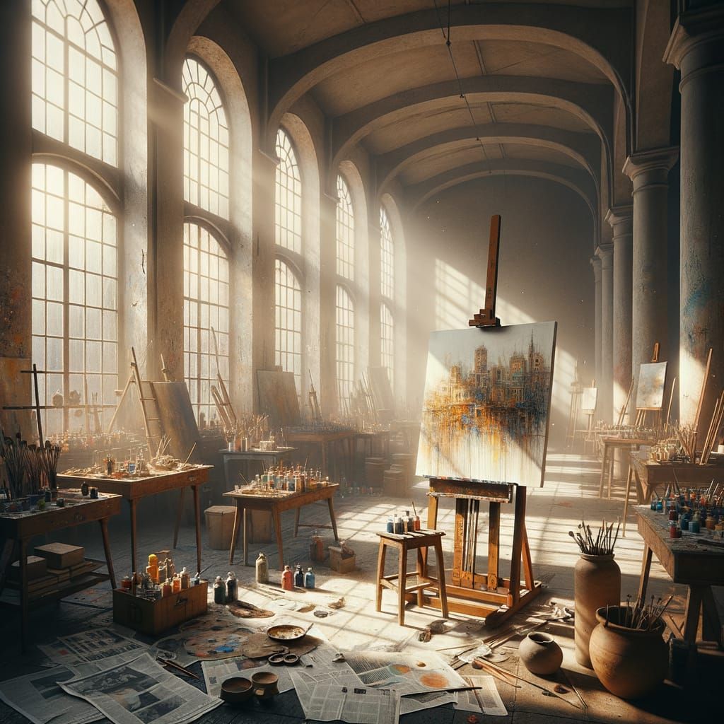 Sunlit Artist's Studio with Abstract Urban Landscape