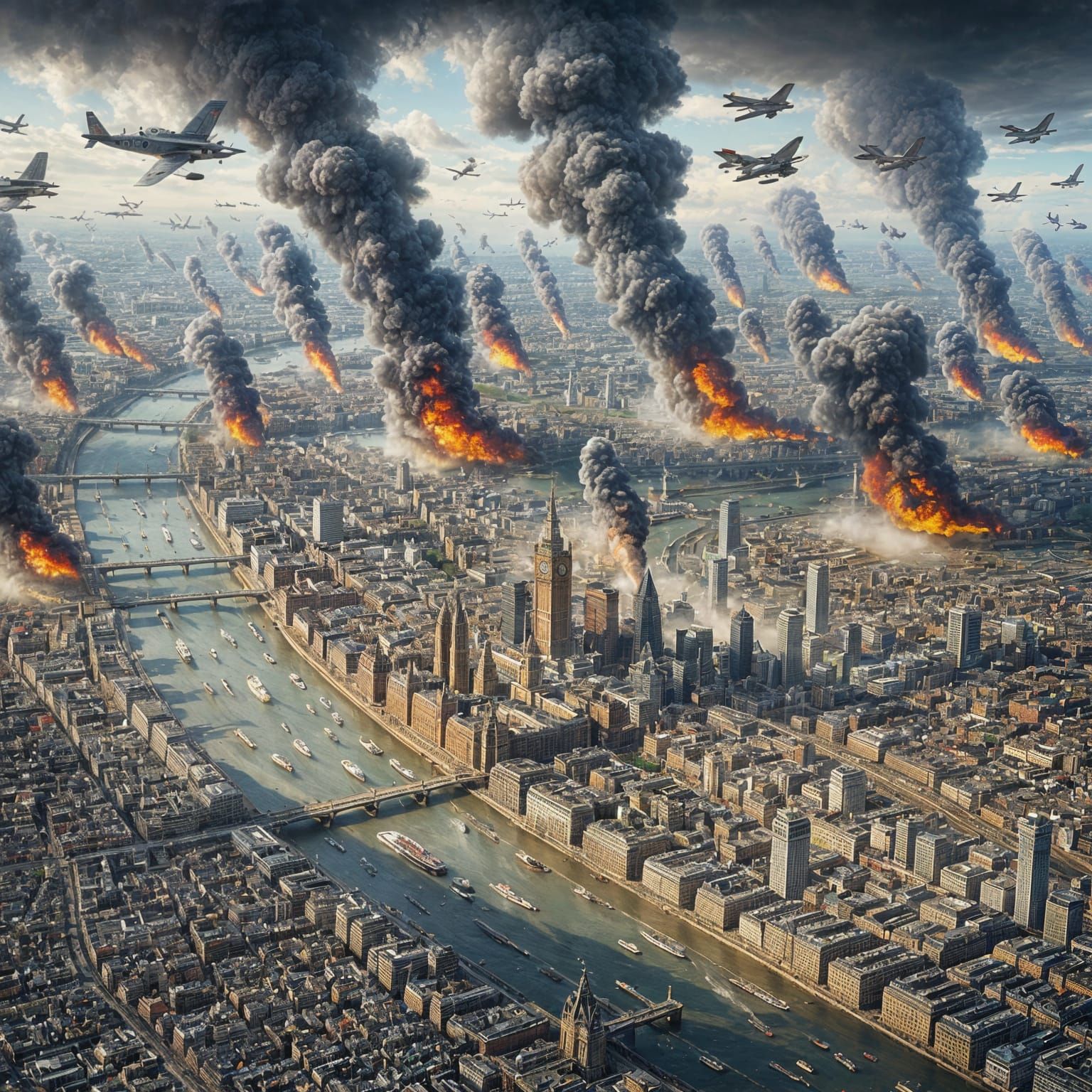 London During Wartime: Bird's-Eye Oil Painting