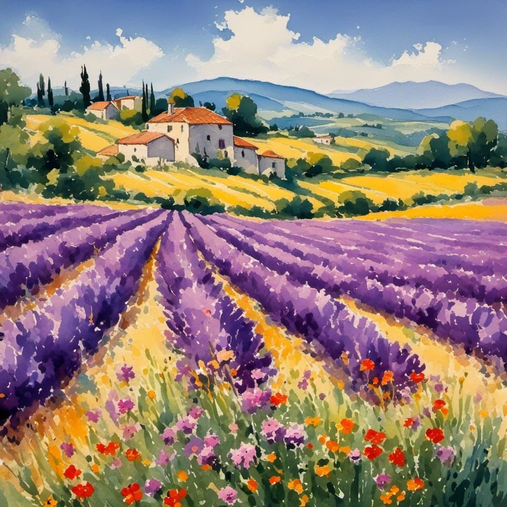 <lora:Watercolor:1.0> A vast lavender field in Provence, A s...