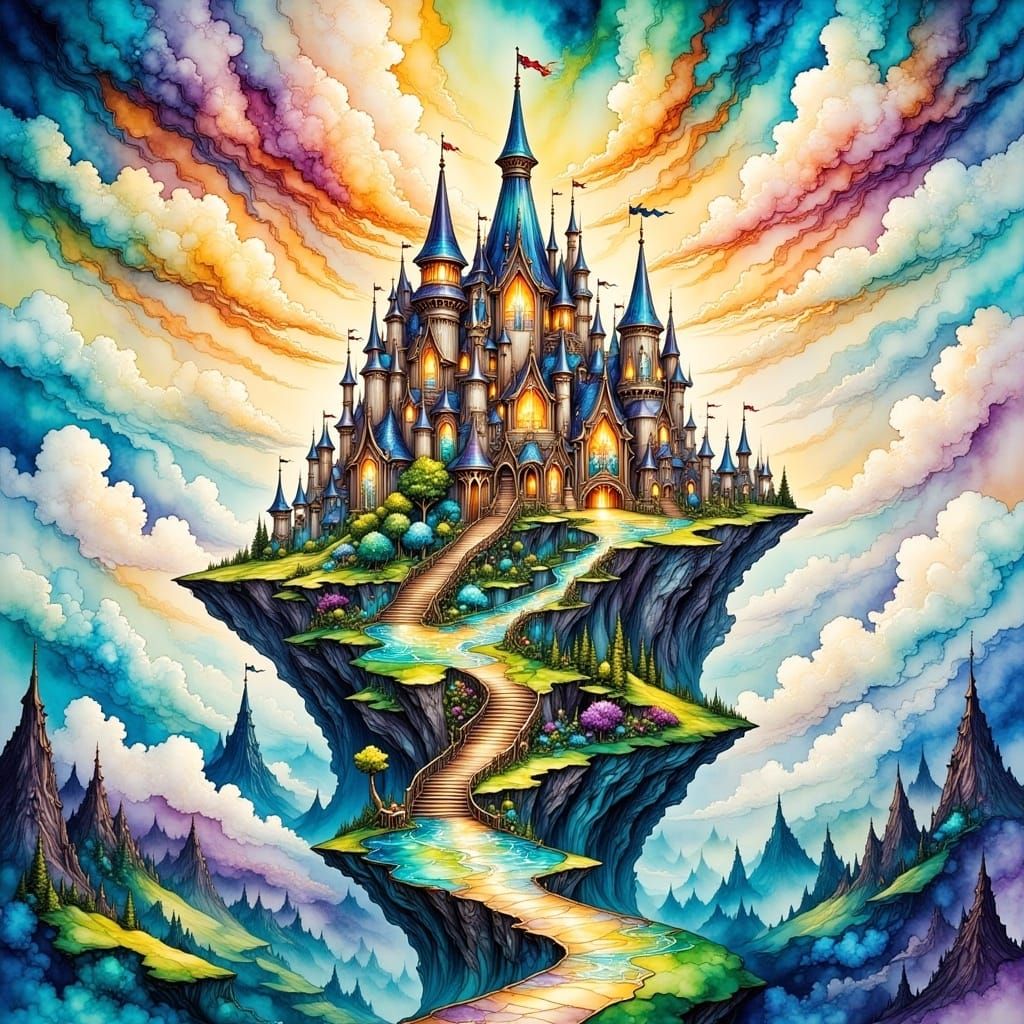 Epic svelte fantasy cloud castle landscape <lora:Fantasy Ink Flux:1.0> , alcohol-ink masterpiece