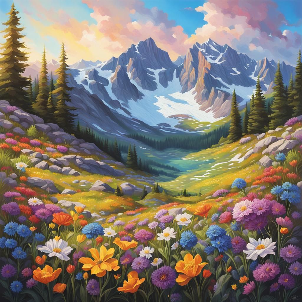 Mountain View meadow full of colourful spring flowers in bloom Rocky Mountains   by @undefined