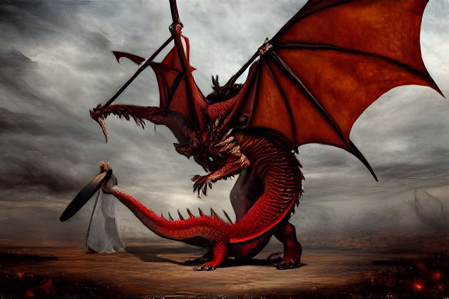 A warrior woman fighting a Red Dragon. (Ib)