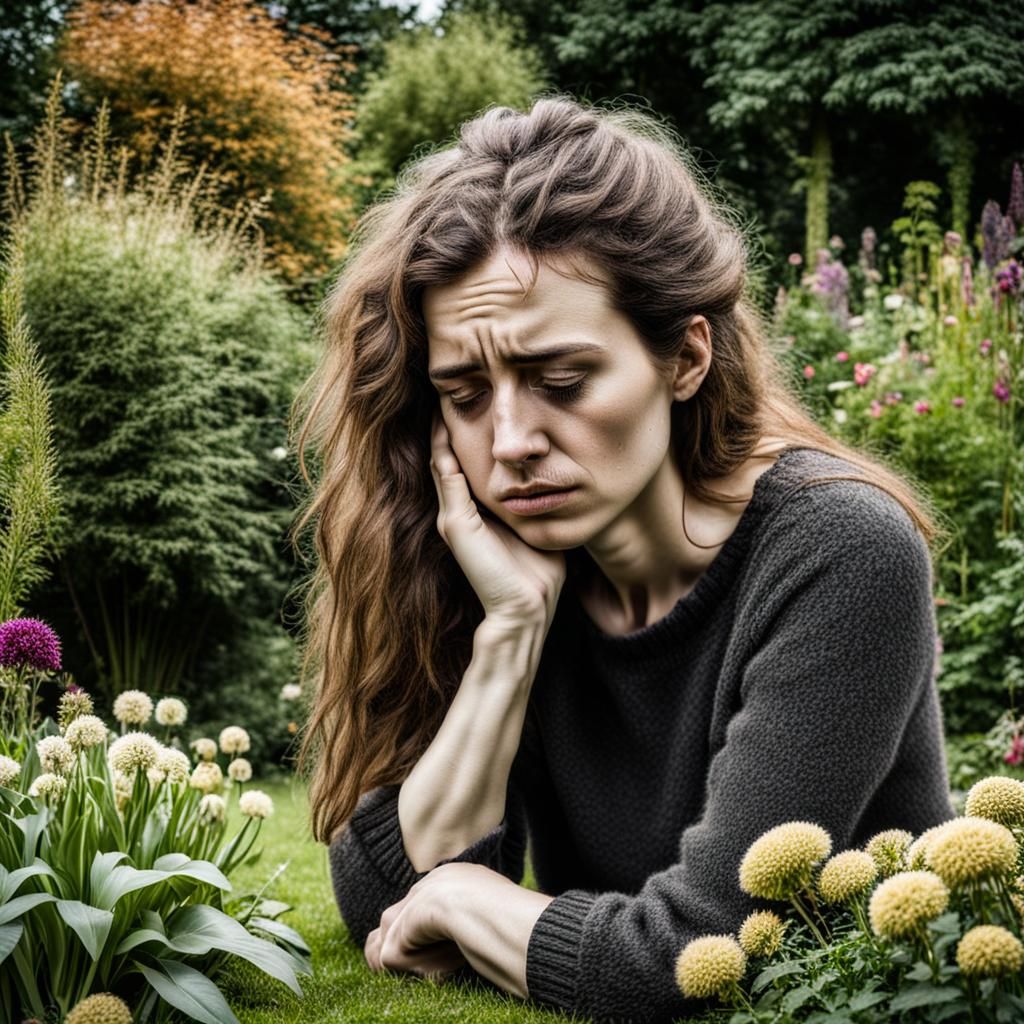 Sad Young Woman Grieving in English Garden