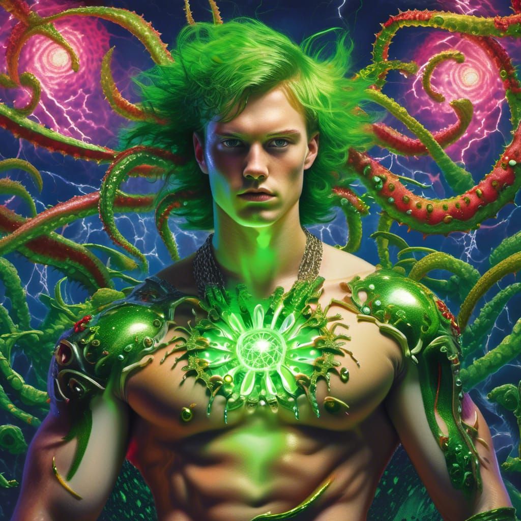 High Octane photograph of exploding green energy: Hyperdetailed Sharply detailed Very handsome young looking male with piercing glowing gree...
