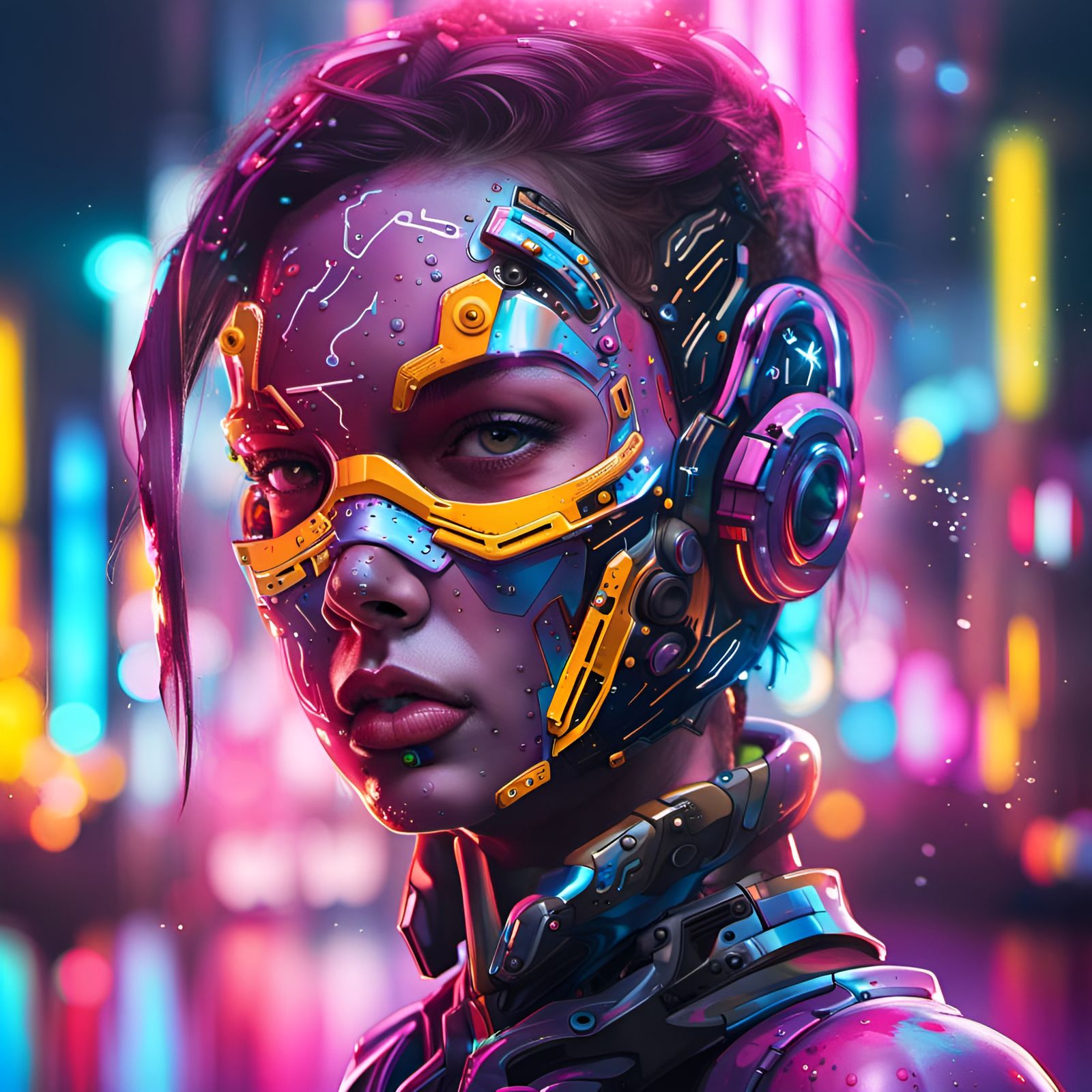 Portrait of a cyborg girl wearing futuristic face armor in a neon city ...