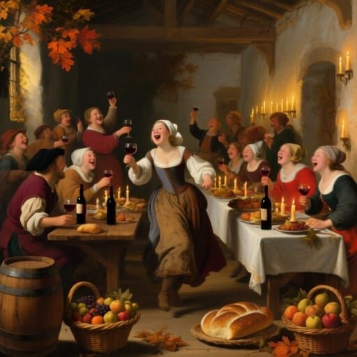 "The peasant celebrates with song and dance the happy harvest, beautiful pleasure, and Bacchus' wine."