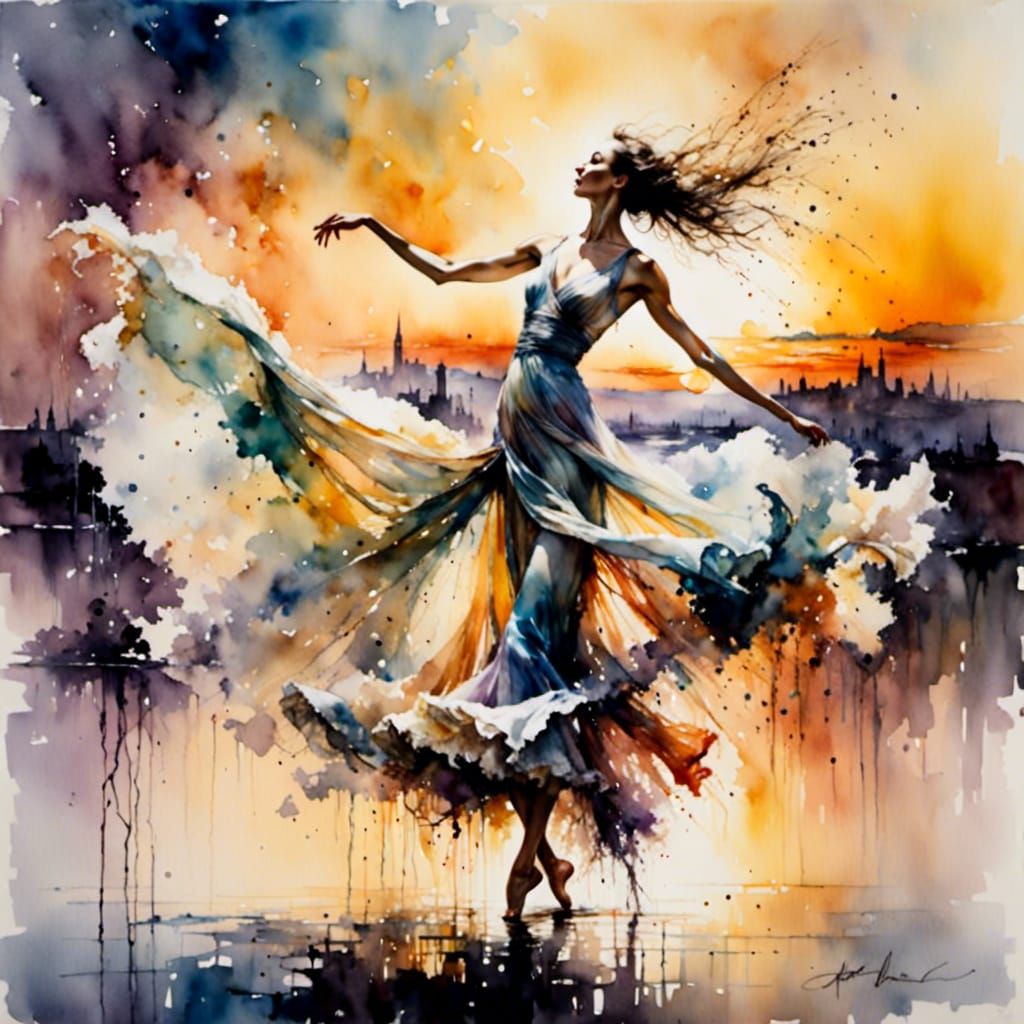  <lora:smokedance:1.0>Dancing on (lilies:1.1) at dawn arms overhead 