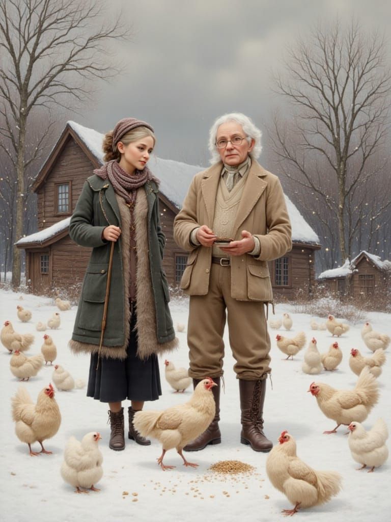 Elderly Couple in Snowy Landscape with Glowing House