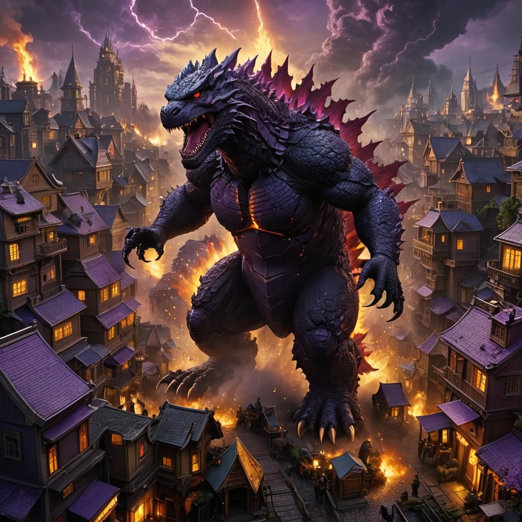 Godzilla destroying Little fairy town a masterpiece, 8k reso...