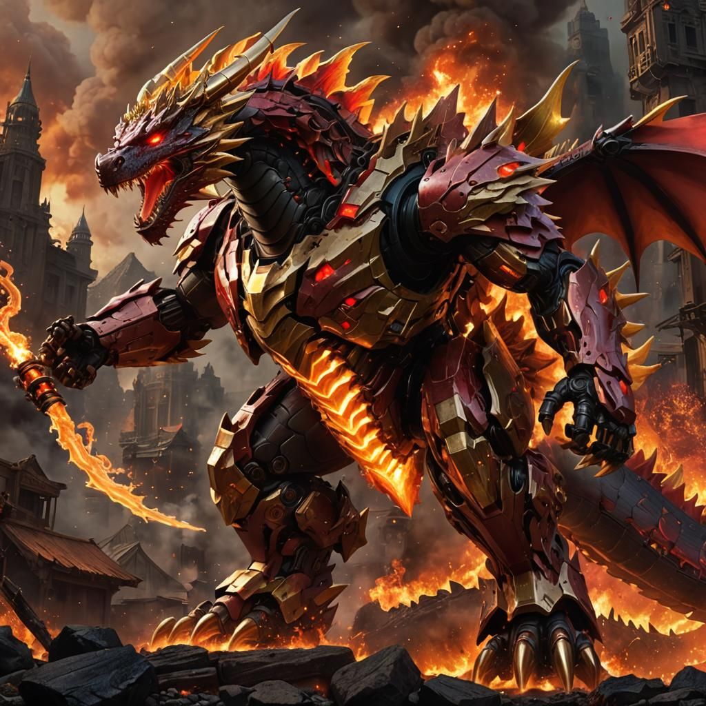 red gold flame mecha tall fire dragon; fire flaming armor; s...