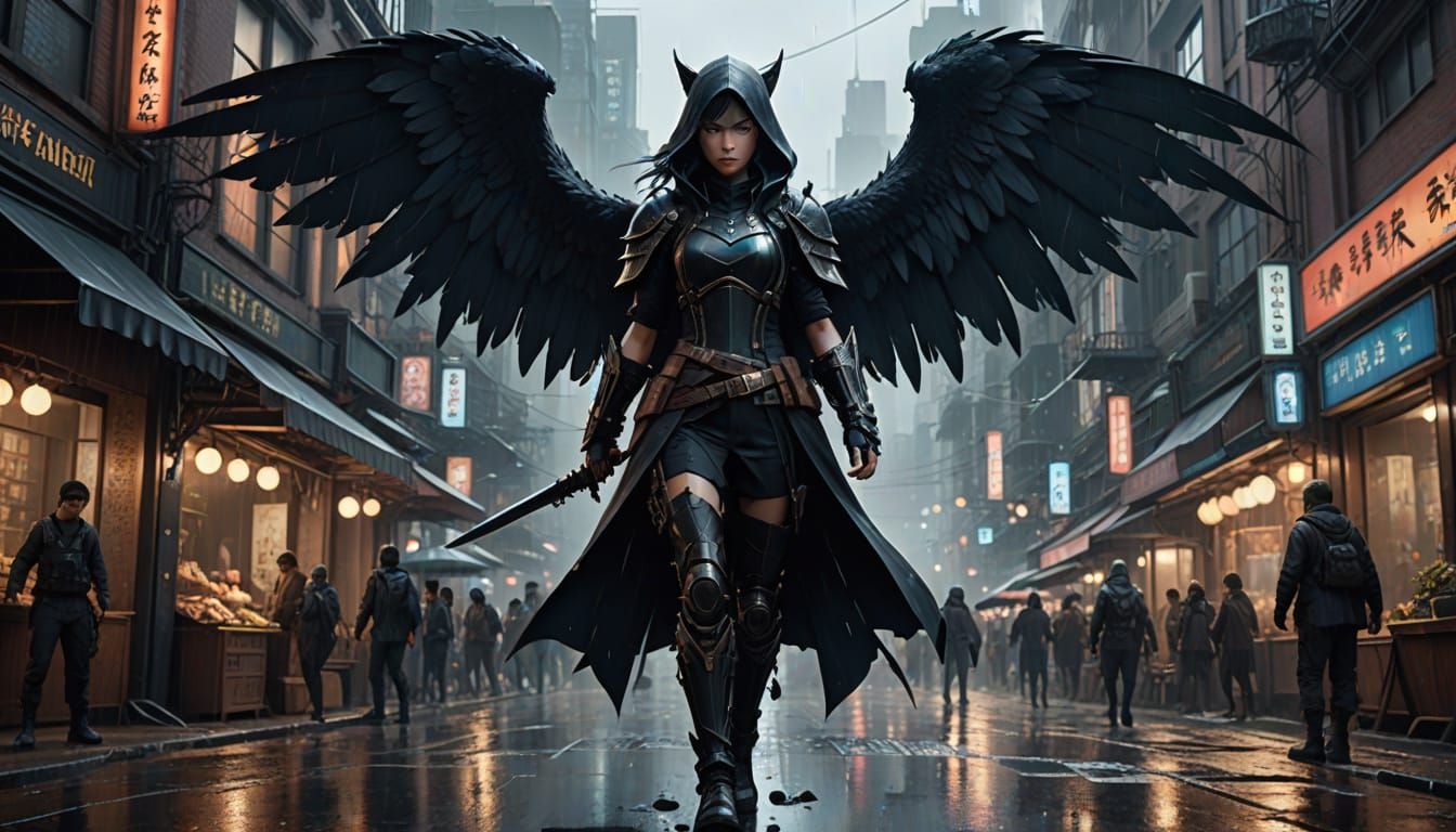 A female shadow assassin, with massive black wings 2