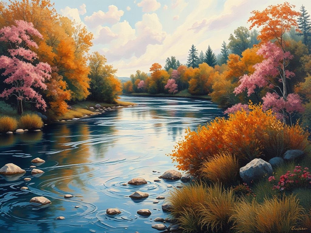 an  hyperrealism oils side angle view of a river landscape on a indigo bg, using pink, orange, brown, yellow  & green adding some gold leaf ...