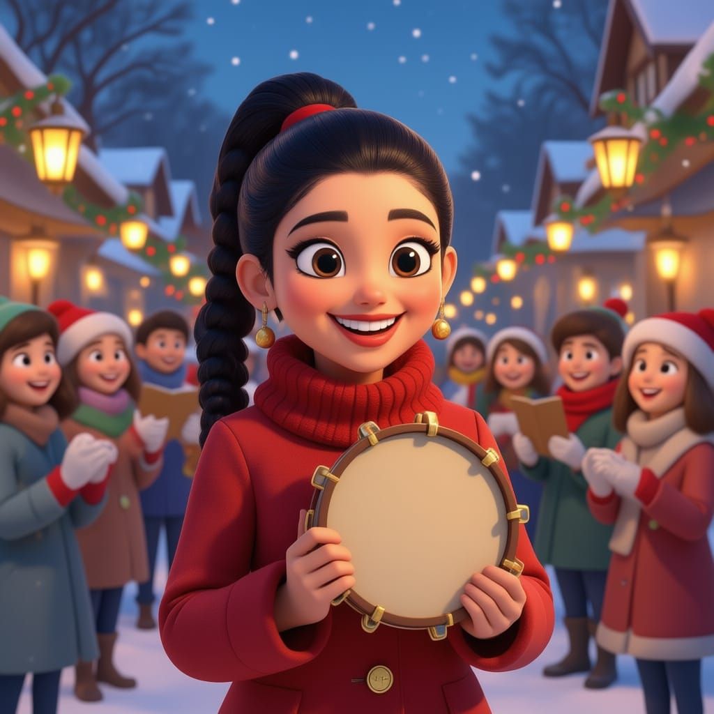 Pixar animation style, woman with black straight ponytail hair and golden round glasses leading a group of carolers, shaking a tambourine an...