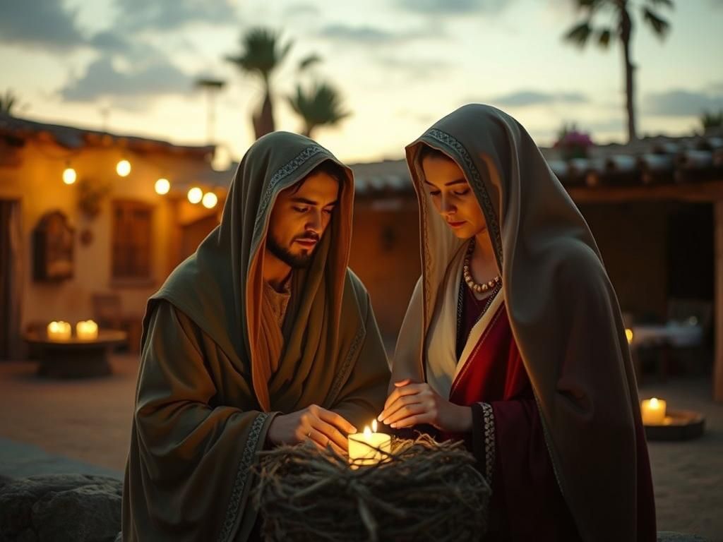 Las Posadas Mary and Joseph Cinematic film still, shot on v-raptor XL, film grain, vignette, color graded, post-processed, cinematic lightin...