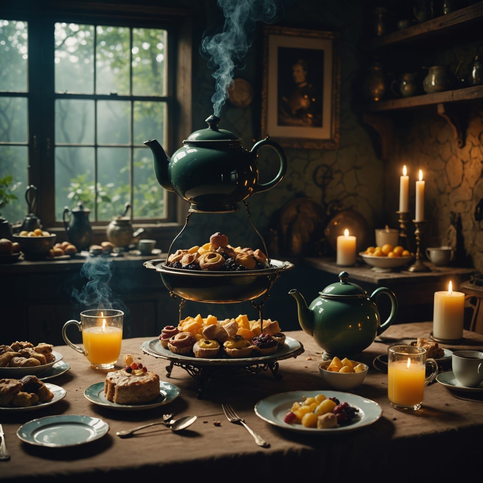 Depict dishes that could only exist with magic — levitating feasts, glowing desserts, or enchanted teapots.