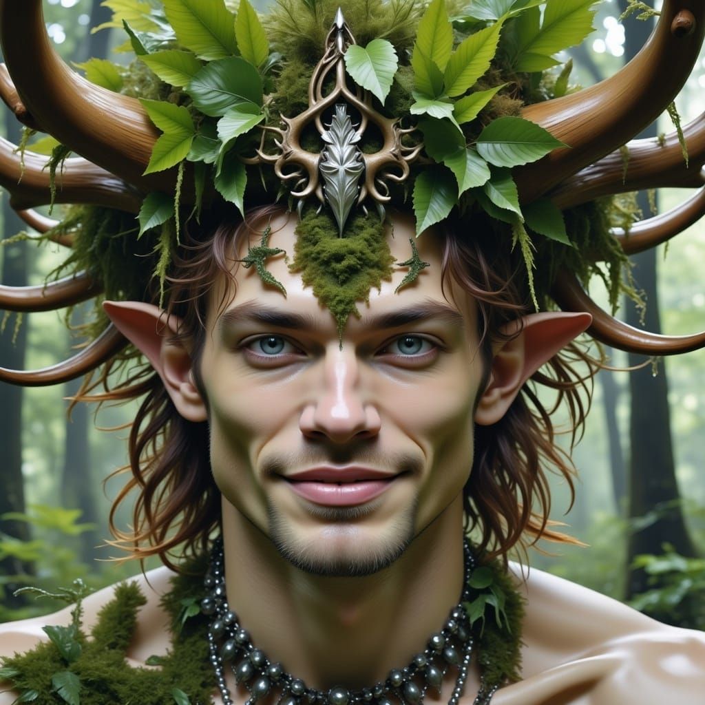 Winged <lora:Wild Thing Flux:1.2> goat-legged handsome satyr man in the forest, mossy eagle wings, Pan, boho messy mixed-media by Russ Mills...