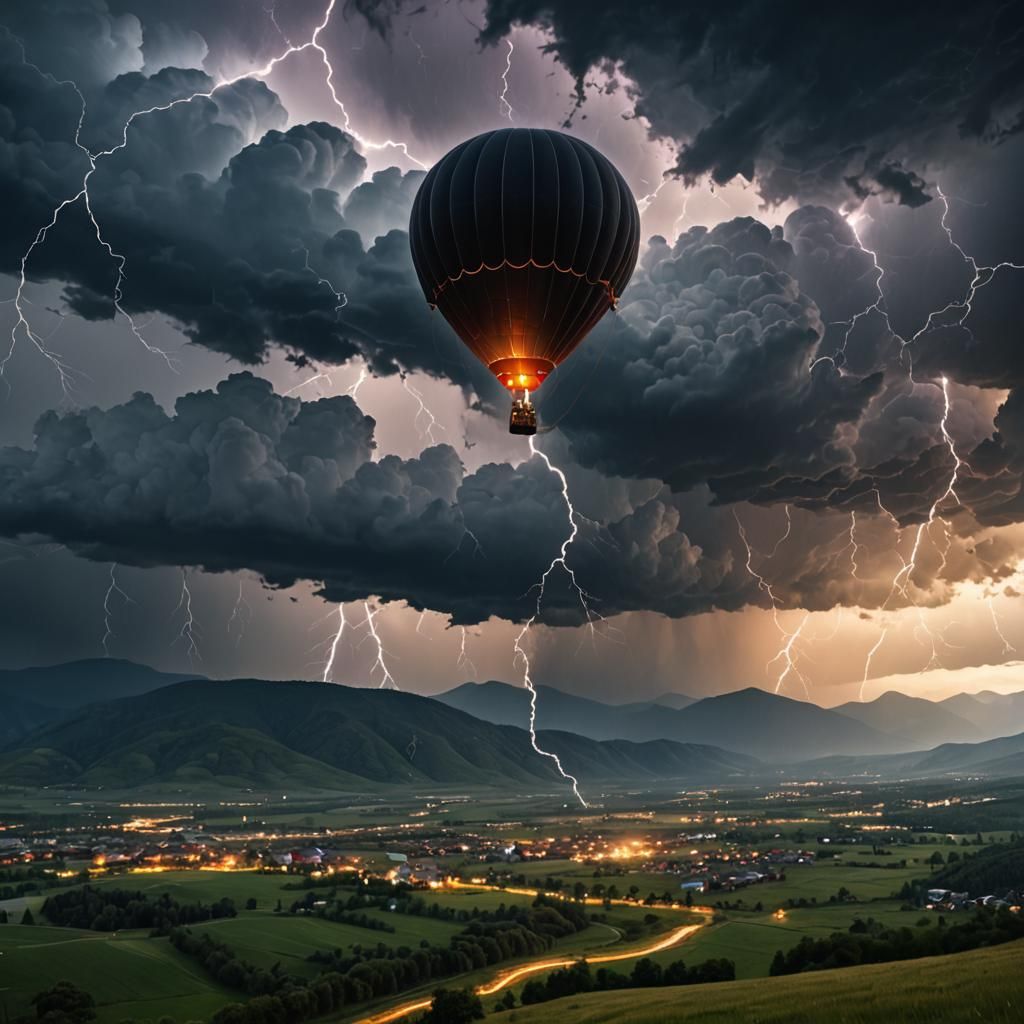 Stormy Night Mountain View with Hot Air Balloon