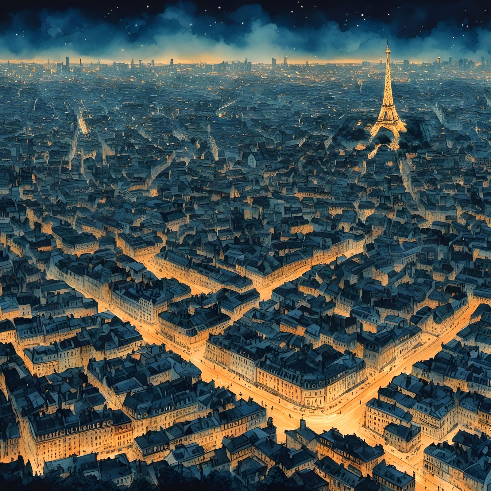  <lora:Sumi-Plus:1.0> The Paris skyline at night