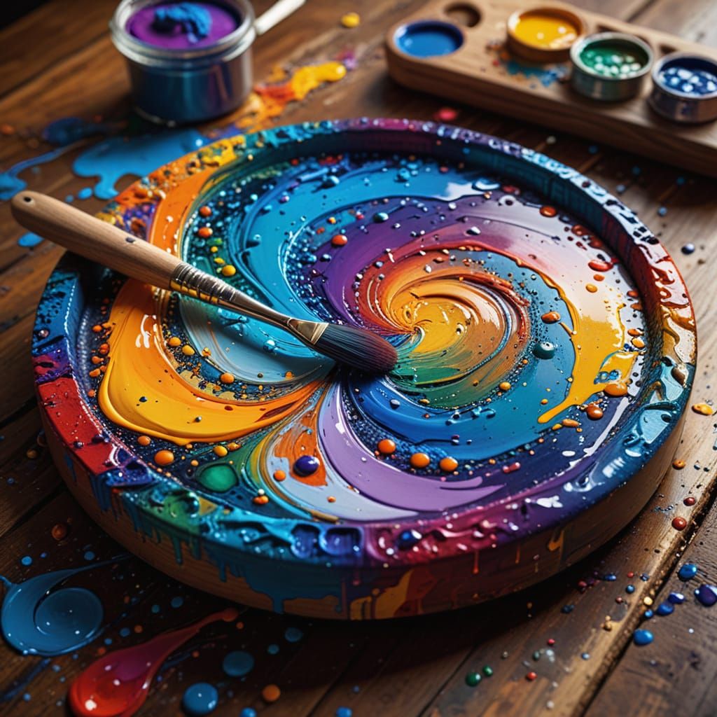 Colorful Paint palette with paint brush on it. Rounded, hand-held Paint Palette, Isometric view  by @Defenestrated Feather