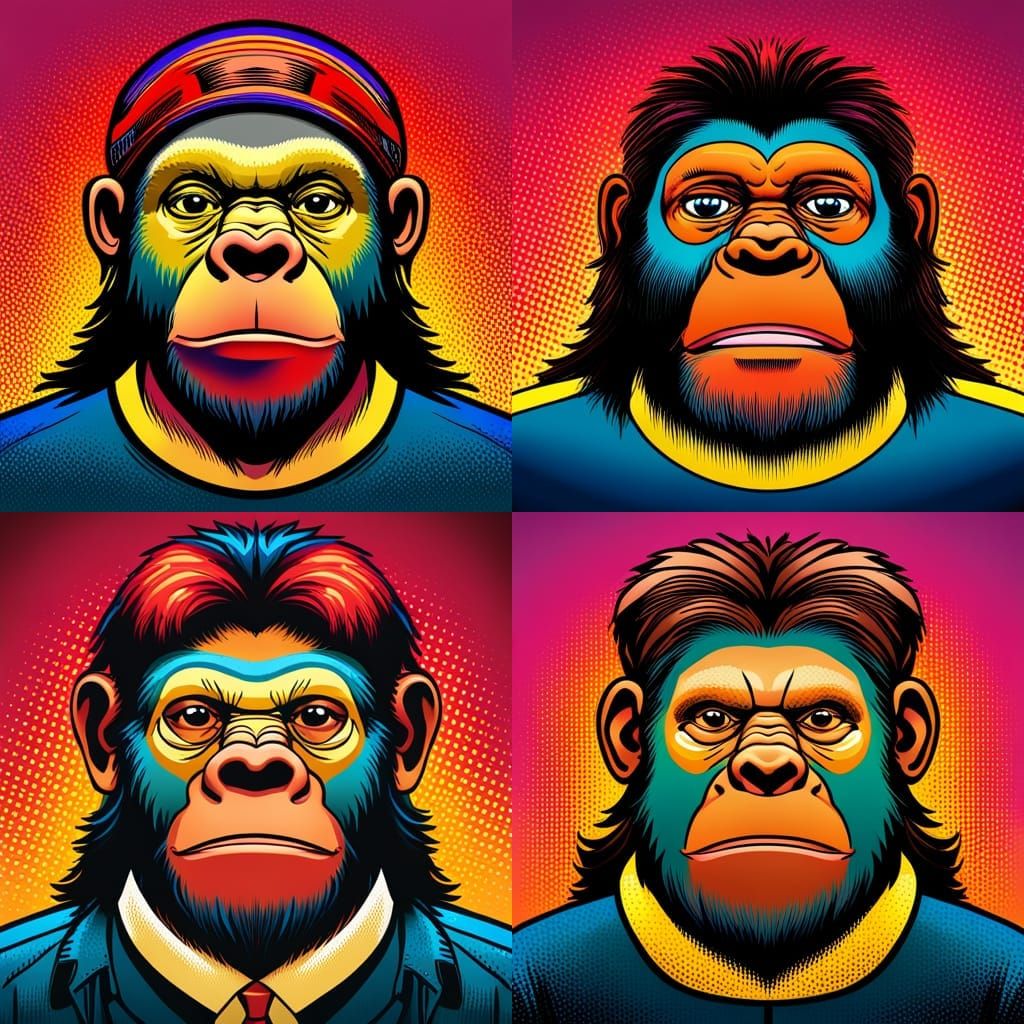 portrait of pop art cartoon Ape with a randomized, odd clothing apparel ...