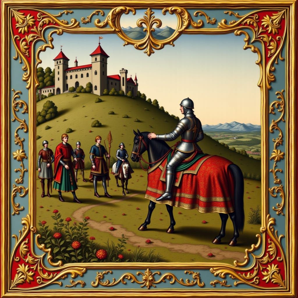A medieval scene, with a group of five knights riding towards a walled hilltop castle at dusk, depicted in the style of medieval illuminated...