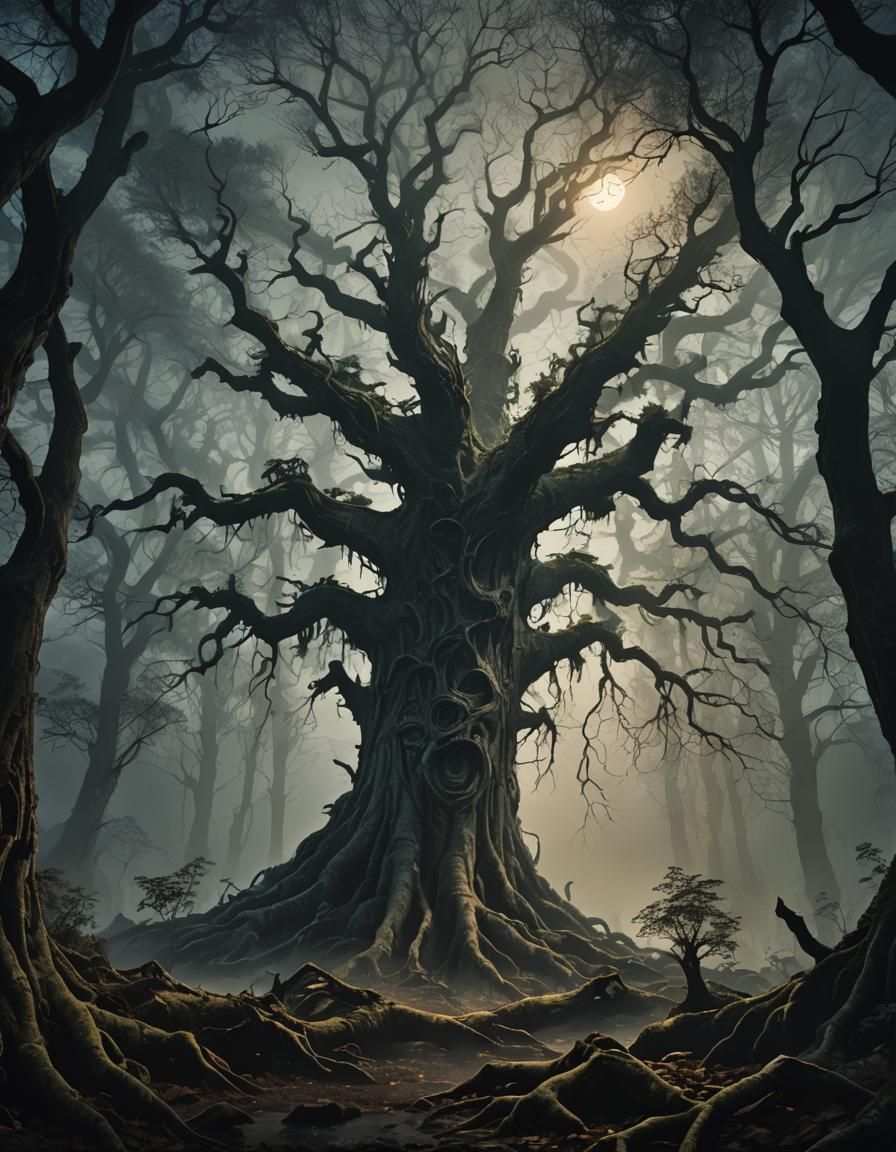 Mysterious Dark Forest Temple in Art Nouveau Style