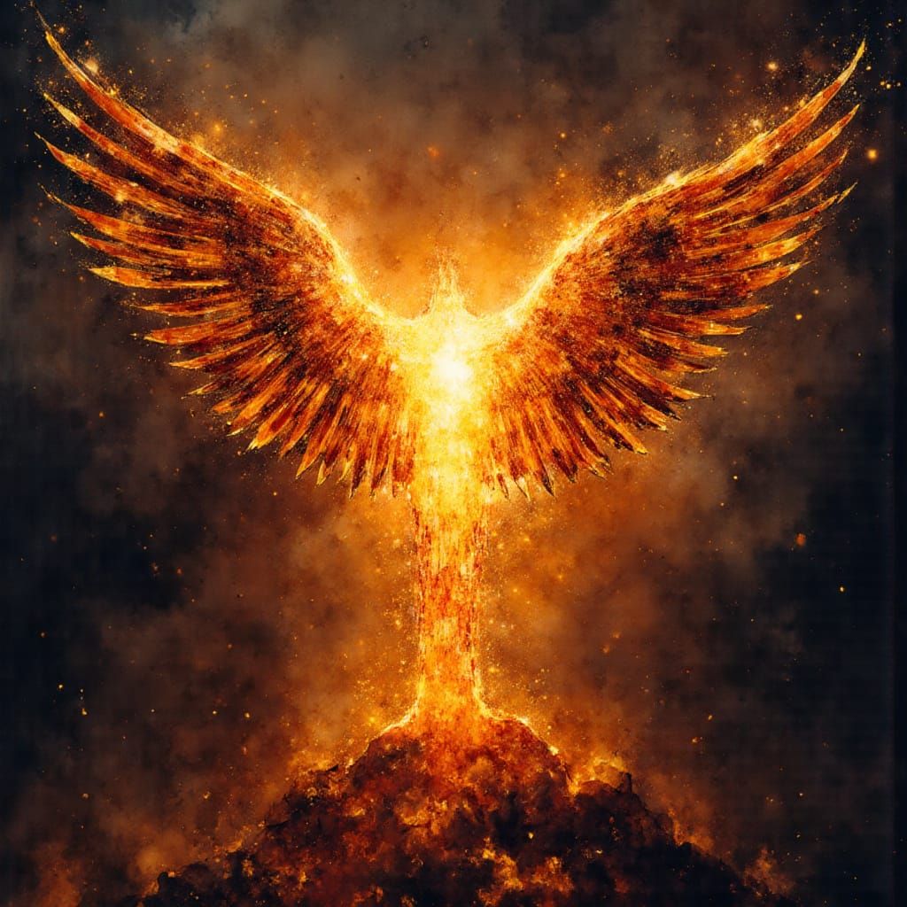 A dramatic angel of molten metal and bright intense sparks flying everywhere, in a dark background. The reaction is a burst of fiery orange ...