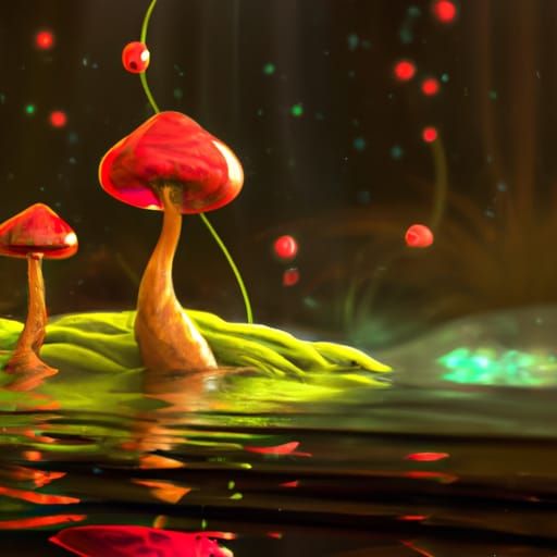 Red magic mushrooms covered in green moss in a cosmic swamp ...