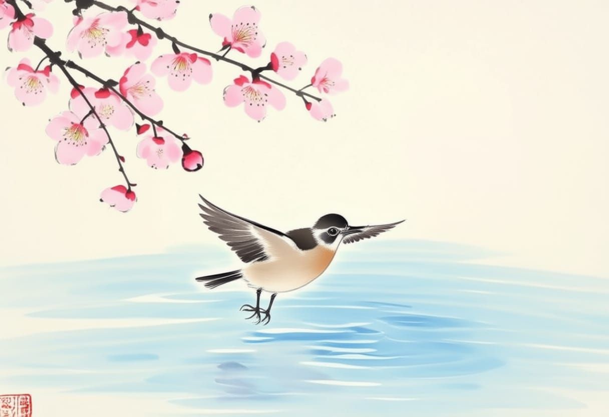 A spring bird, such as a nightingale, surrounded by blooming cherry blossoms; a summer bird, like a kingfisher, near rippling blue water and...