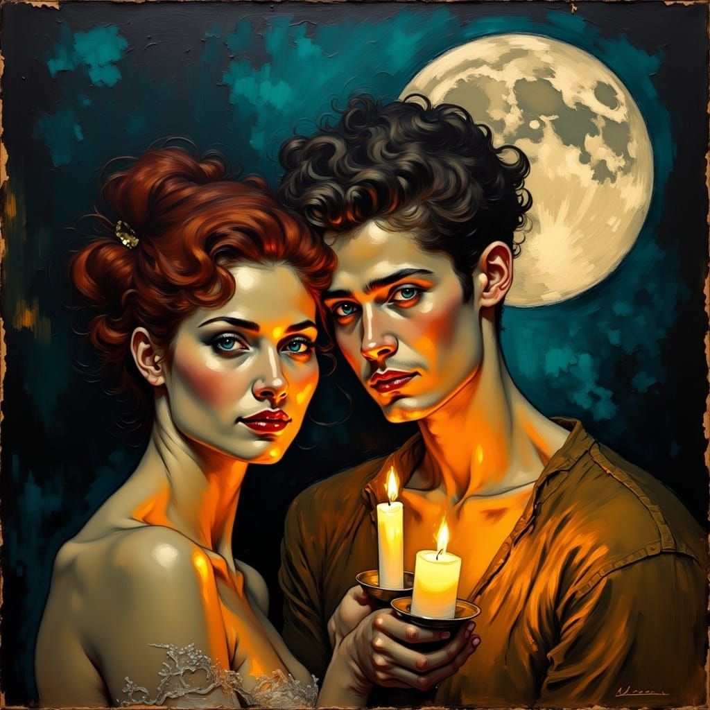 Candle lit epic painting of young man and young woman, candlelight dinner,  chunky oil paint texture, super oil paint texture, expressionist...