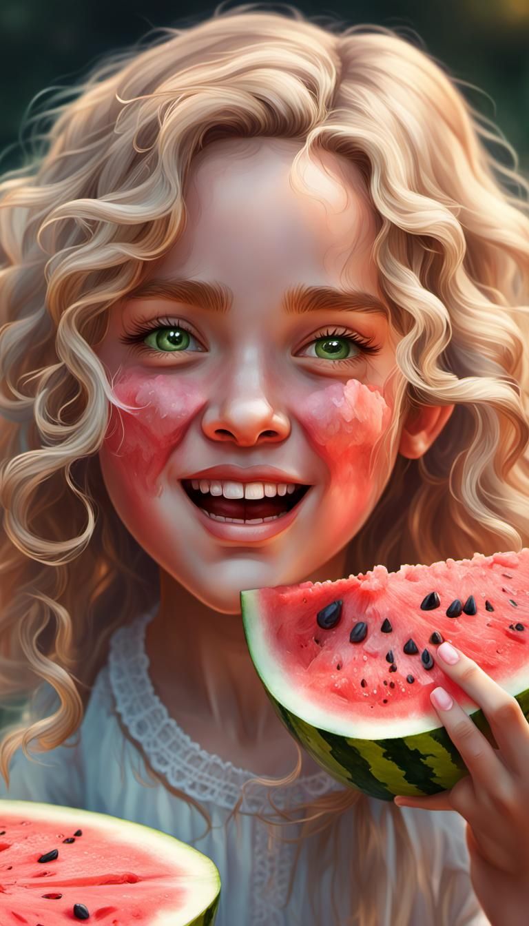 little girl 4-5 years old eating watermelon, happy facial ex...