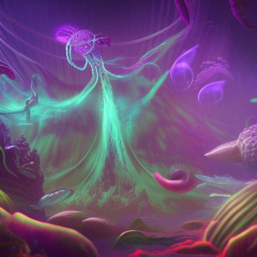 A deep sea jellyfish glowing with other bioluminescent sea c...