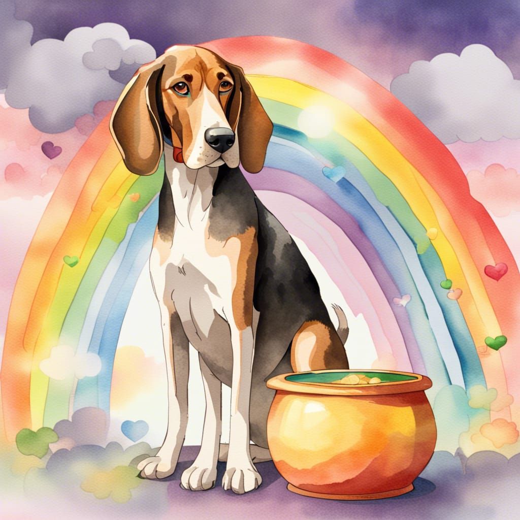 Watercolour style coonhound standing next to a pot of gold w...