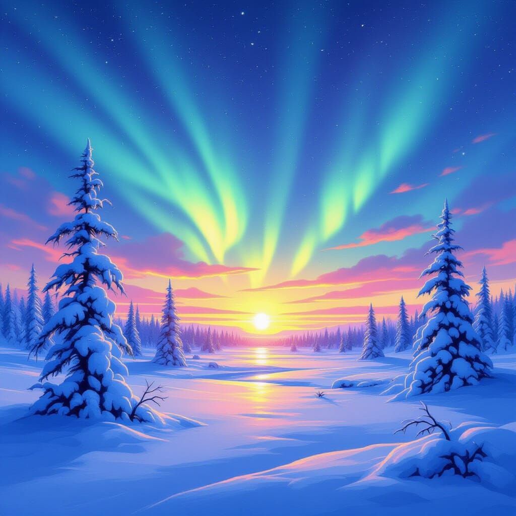 Arctic Winter Sunrise with Northern Lights