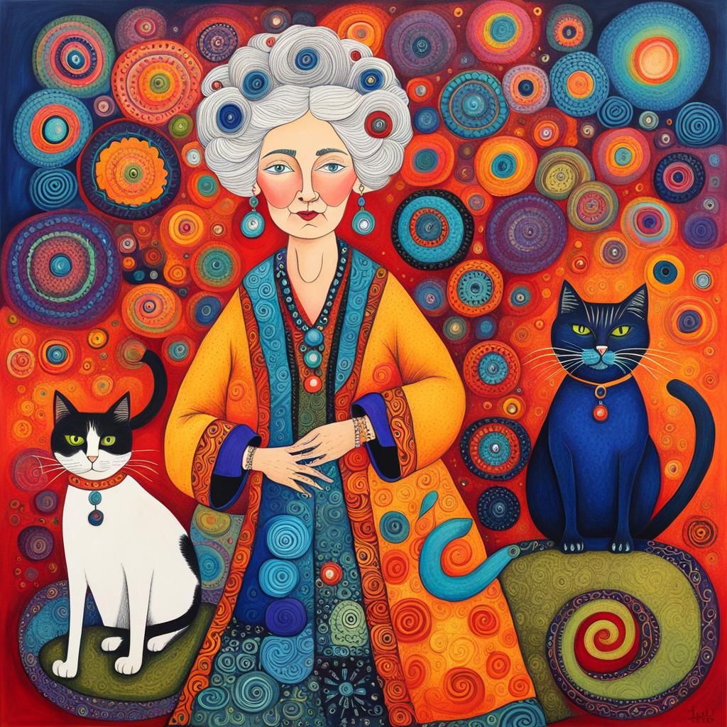 Naive folk art, whimsical older woman and one fluffy cat, Bo...