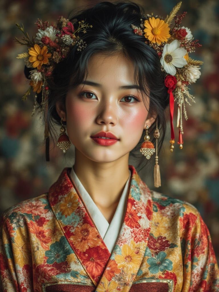 Stunning, ((brightly coloured Japanese kimono)), seasonal motif, traditional design, photorealism <lora:Geo real:1.0>
