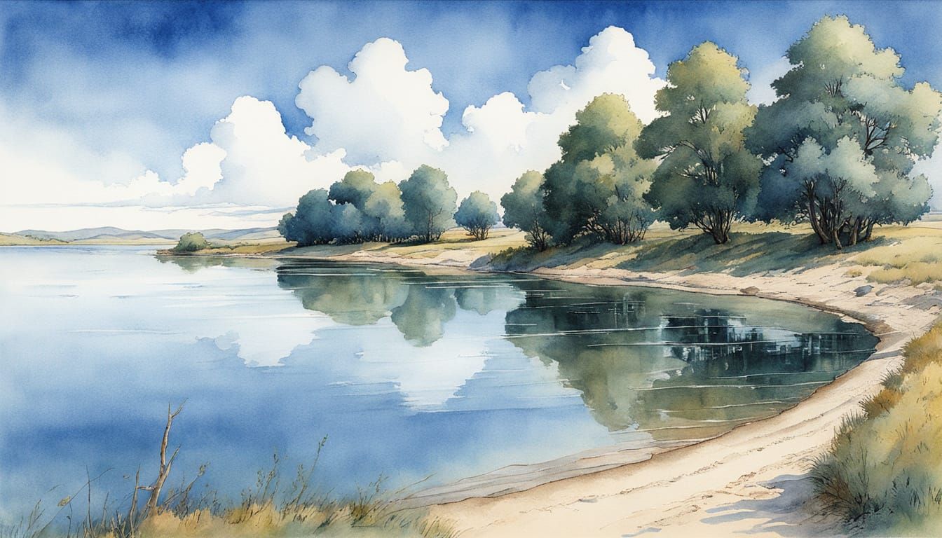 Dreamy Watercolor River Landscape in Storybook Style