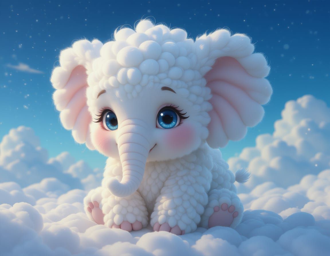 A hyper-realistic digital artwork of an adorable fluffy chibi elephant shaped fluffy cloud, with a fluffy ...  by @Summerchild
