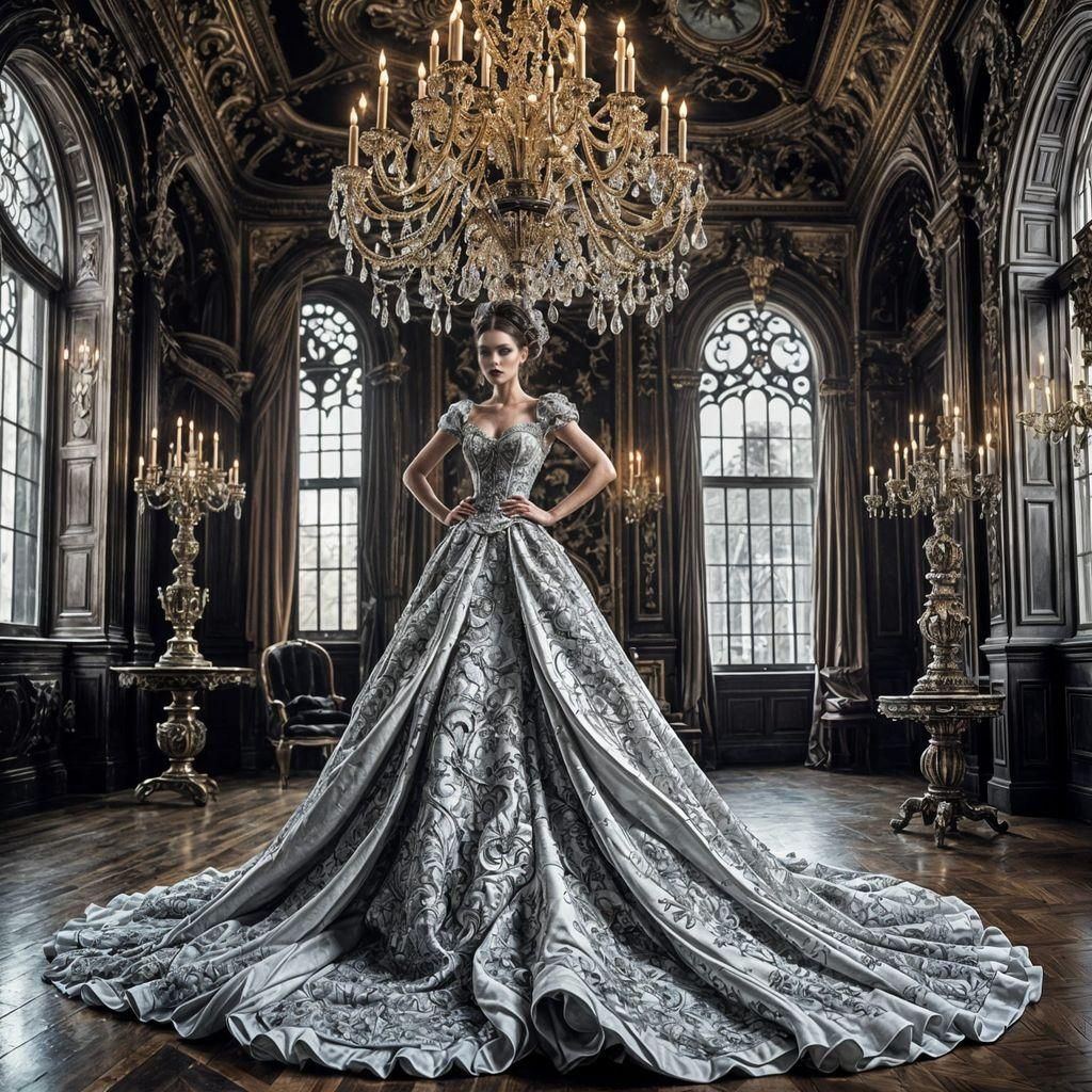 Digital masterpiece, Hyperrealistic fashion model in beautiful haute couture gown, gothic Victorian Alexander McQueen/ avant garde facial ma...