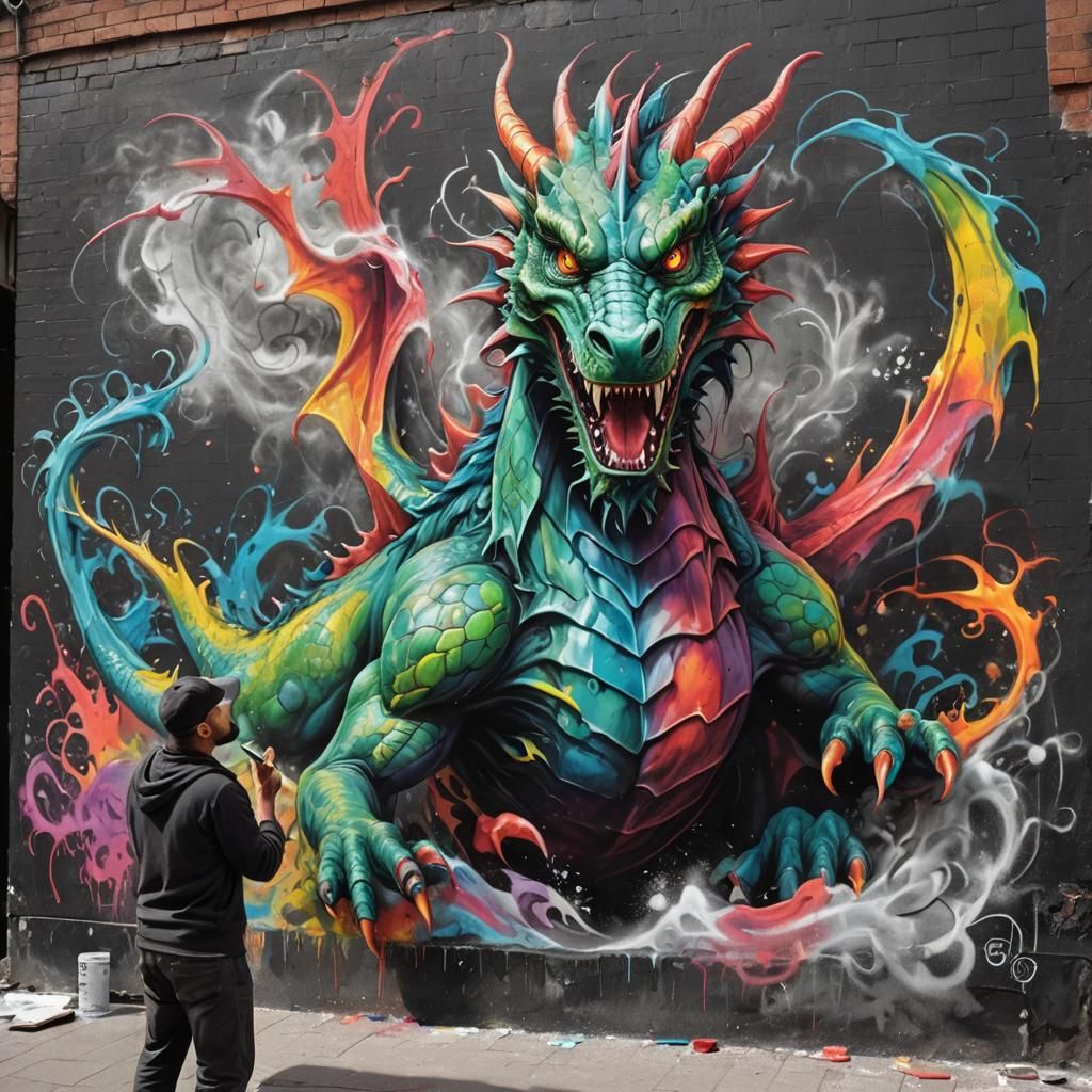 A man drawing a Chalk art a dragon on a wall