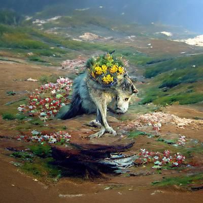 wolf with flowers growing out of its head