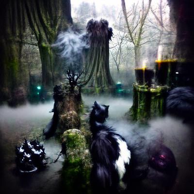 Ancient forest of dark magic, one thin path clears the mist leading somewhere deep within the forest