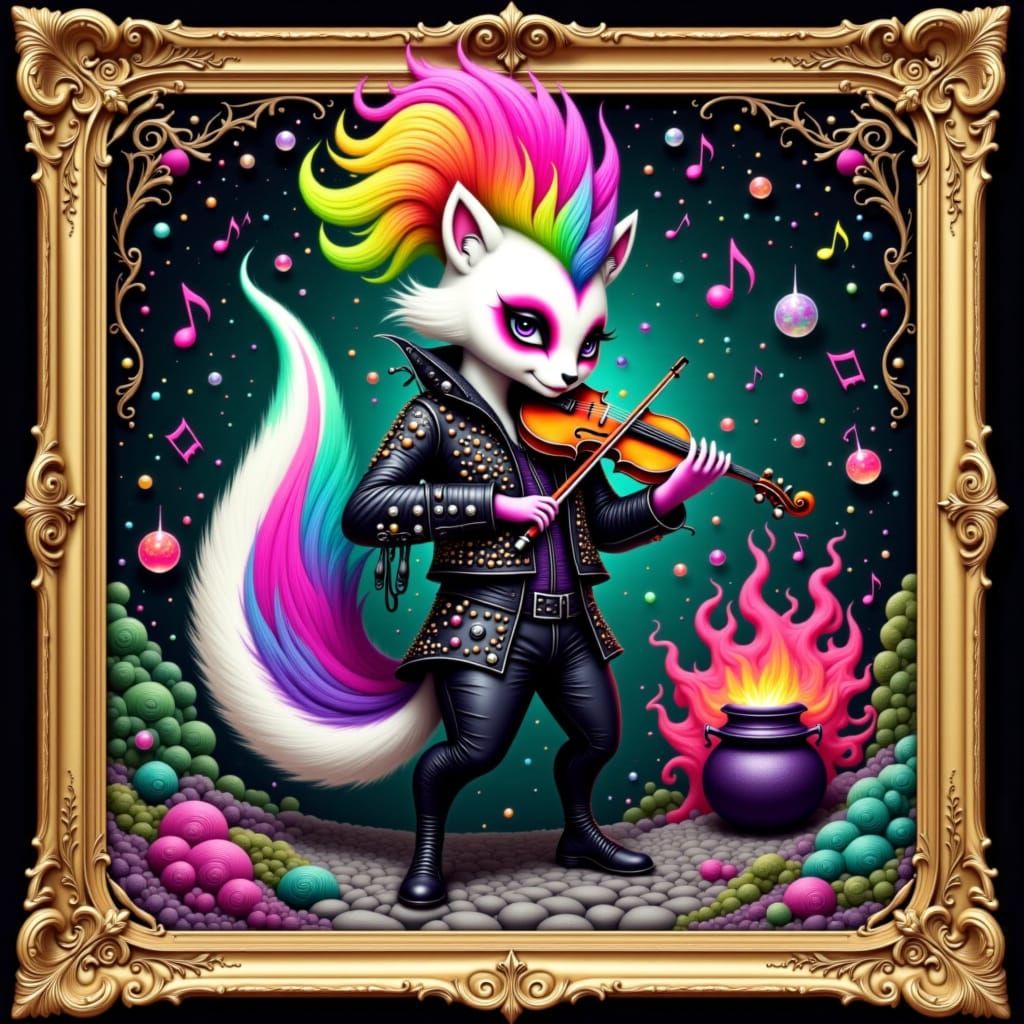 Spunky punk skunk female in a studded leather jacket and rainbow mohawk wig, standing on hind legs, playing a violin, surrounded by flying m...