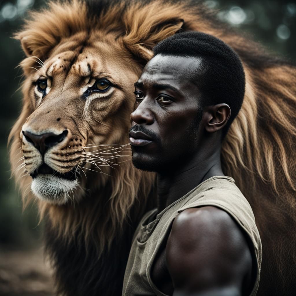 A scene showing an African man connected to the nature of an...