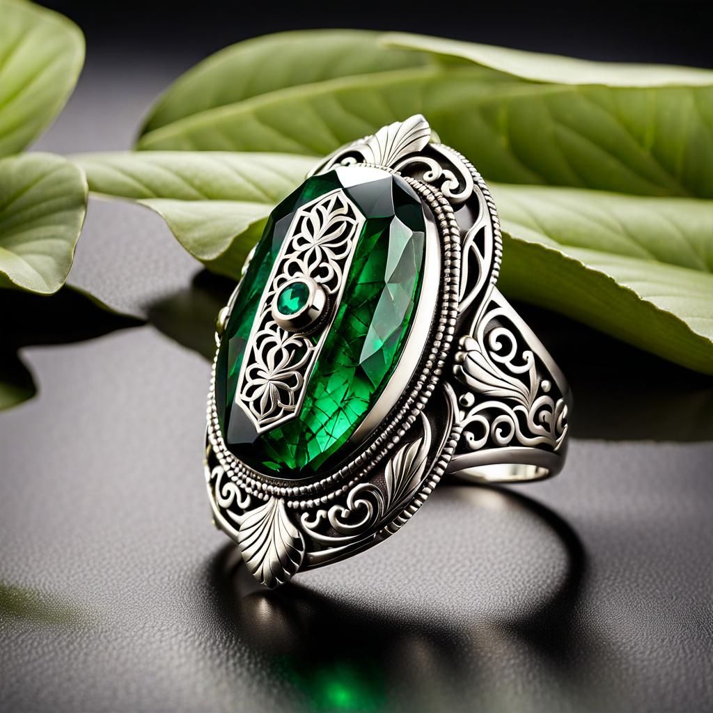 Emerald carved jewel with intricate silver rings