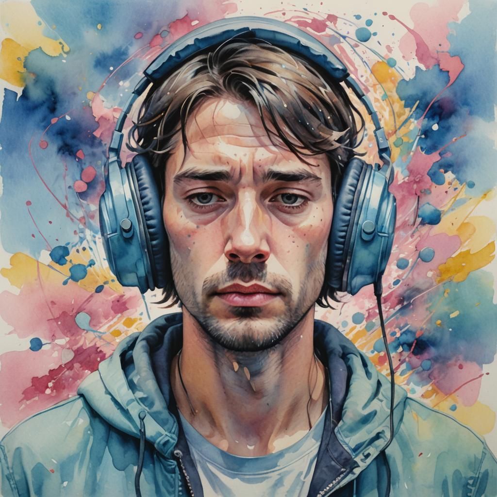 person wearing noise-canceling headphones, with the headphon...