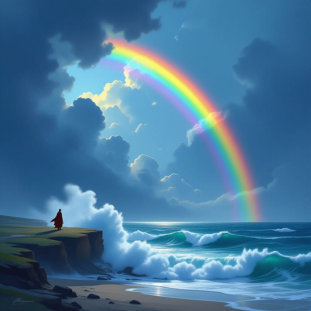 Stormy Seascape with Double Rainbow, Detailed Matte Painting
